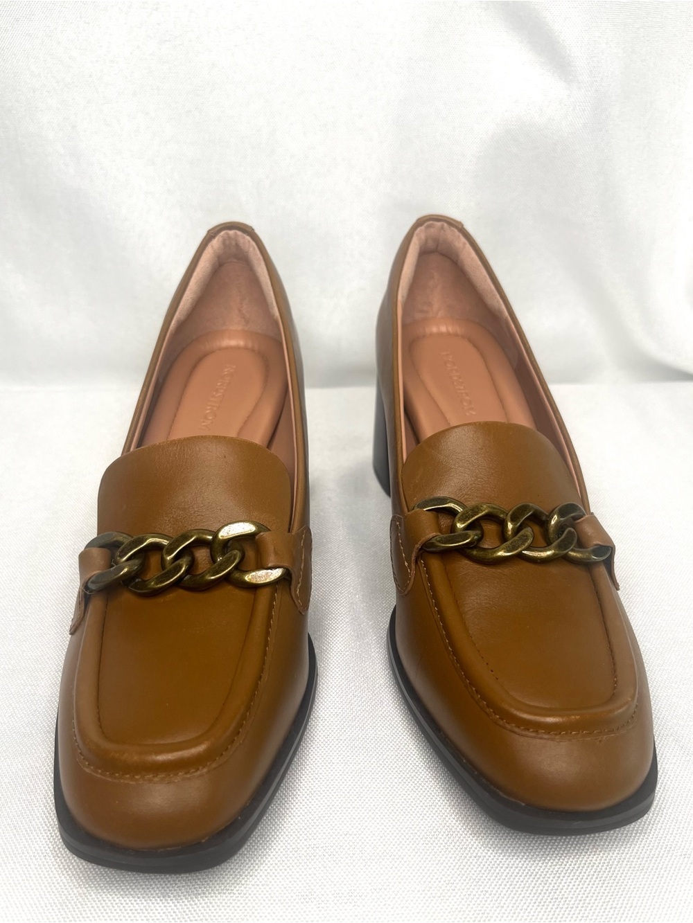 NWOT Nordstrom Leather Chain Loafer Pumps Cognac Brown Block Heel Size 5M